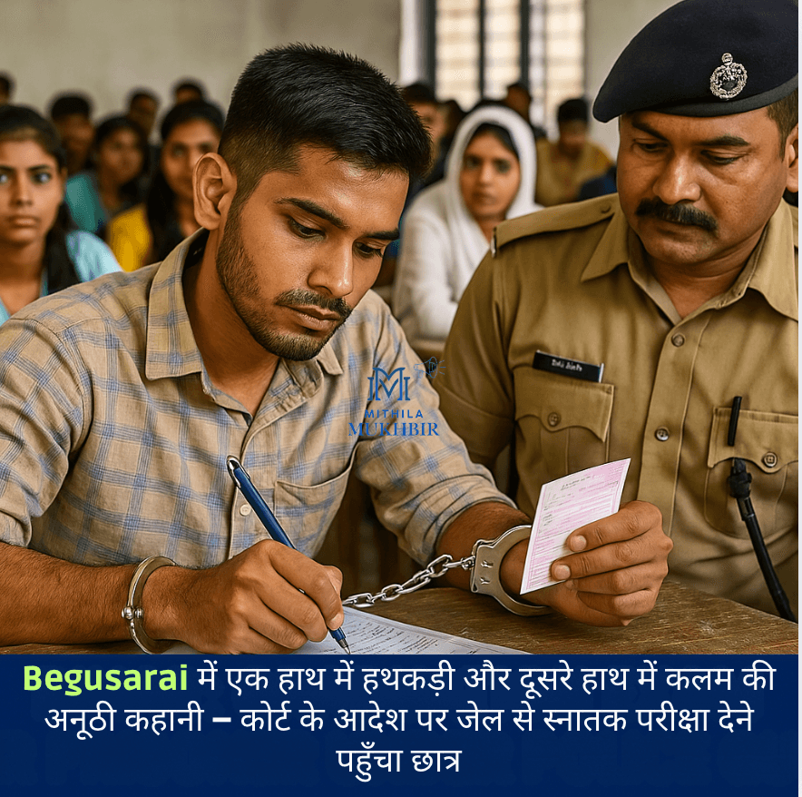 Begusarai  में एक हाथ में हथकड़ी और दूसरे हाथ में कलम की अनूठी कहानी – कोर्ट के आदेश पर जेल से स्नातक परीक्षा देने पहुँचा छात्र