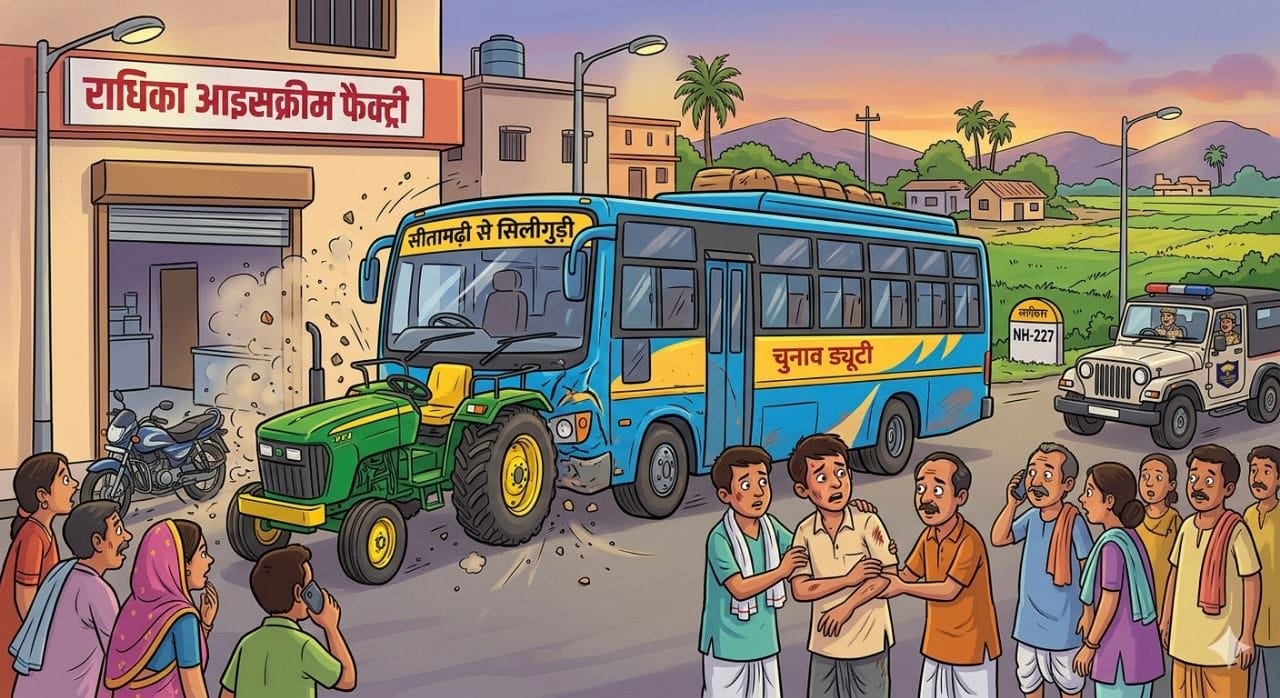 लौकहा में अनियंत्रित बस ने ट्रैक्टर और फैक्ट्री में मारी टक्कर, एक युवक घायल 11 लौकहा बस हादसा ट्रैक्टर फैक्ट्री टक्कर